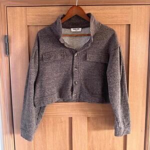 Double Zero Cropped Button Up Long Sleeve Shacket Sweater Heathered Brown Large
